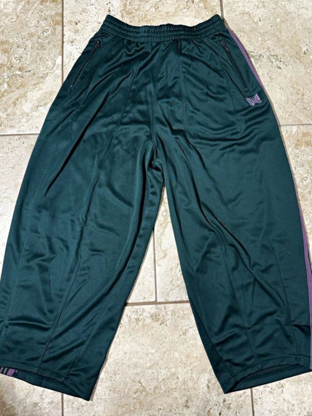 Needles Men’s Green Track Pants Purple Side Stripes M Polyester Drawstring